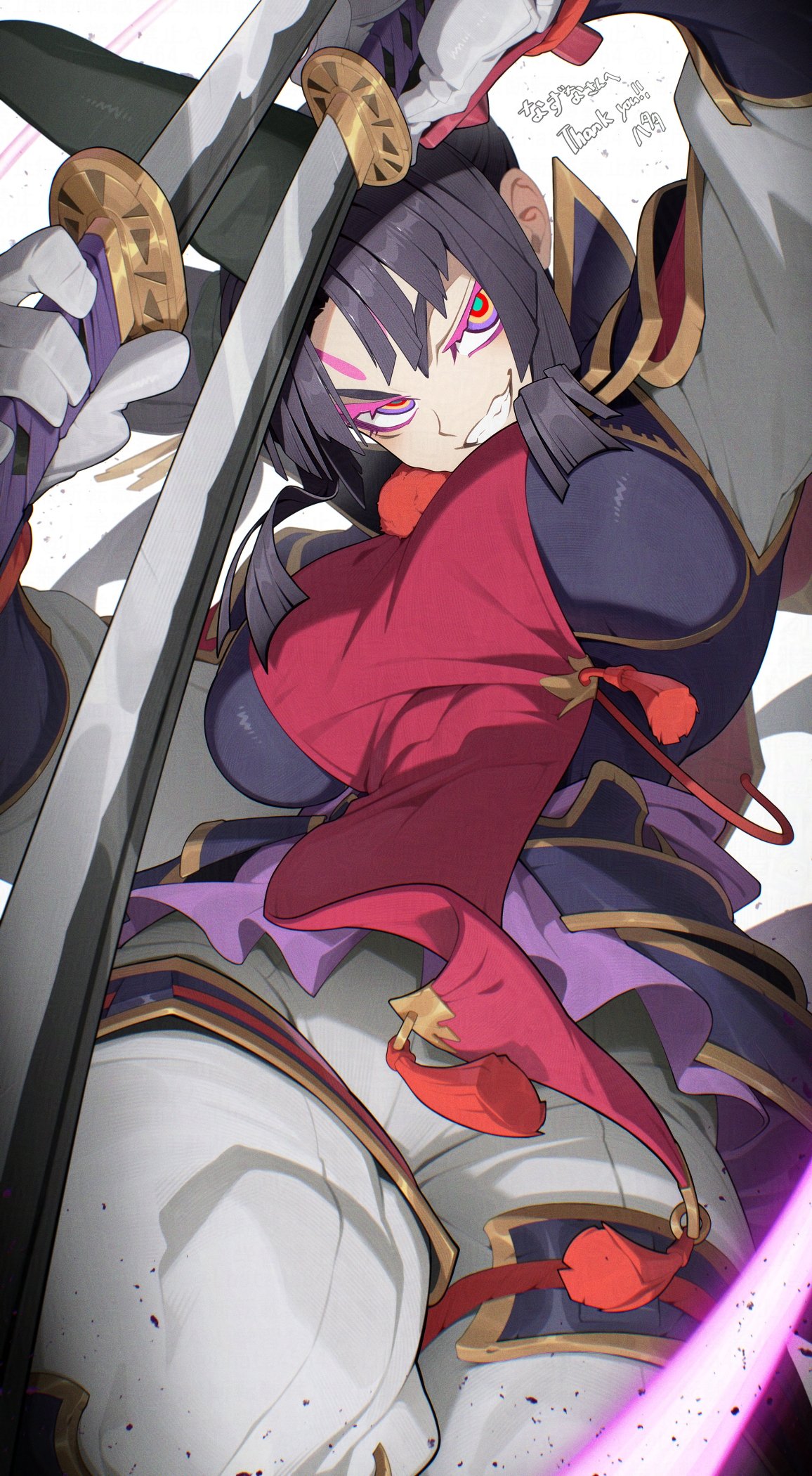 1girl, armor, azamaru_(fate), black_hair, breasts, commentary_request, facial_mark, fate/grand_order