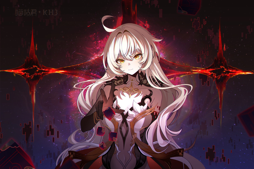 1girl, ahoge, artist_name, asmoday_(genshin_impact), bare_shoulders, closed_mouth, collarbone, cube