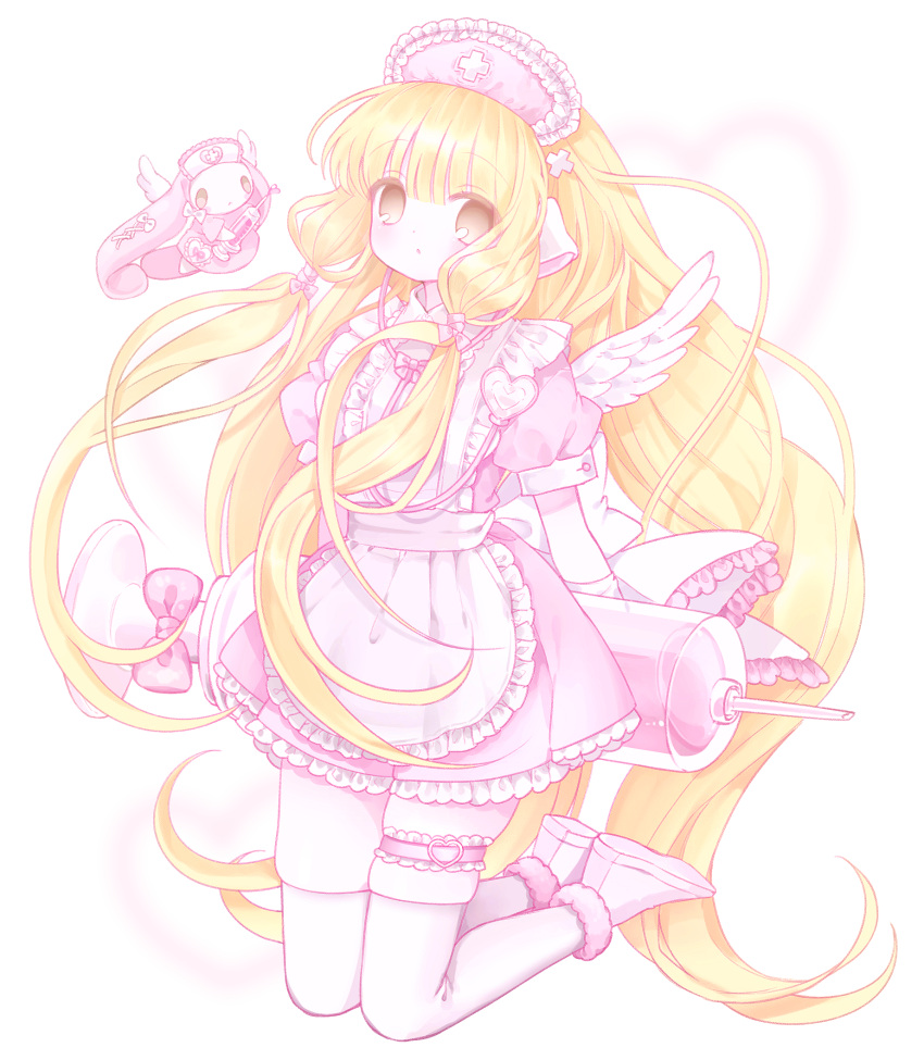 1girl, android, angel_wings, apron, arms_behind_back, atashi_(chobits), back_bow, blonde_hair, blunt_bangs, bow, chii, chobits, closed_mouth, collared_dress, colored_skin, commentary, dot_mouth, dress, english_commentary, expressionless, fake_wings, flat_chest, floating_hair, frilled_apron, frilled_bow, frilled_headwear, frilled_thigh_strap, frills, full_body, hair_bow, hair_ornament, hat, highres, holding, holding_syringe, humanoid_robot, kneeling, large_syringe, long_hair, looking_at_viewer, low_twintails, mipi_(u3u_00), nurse, nurse_cap, oversized_object, persocom_(chobits), pink_bow, pink_dress, pink_headdress, pink_shoes, puffy_short_sleeves, puffy_sleeves, robot, robot_ears, shoe_soles, shoes, short_sleeves, simple_background, skindentation, solo, stethoscope, syringe, thigh-highs, thigh_strap, twintails, very_long_hair, white_apron, white_background, white_bow, white_skin, white_thighhighs, white_wings, wings, x_hair_ornament, yellow_eyes