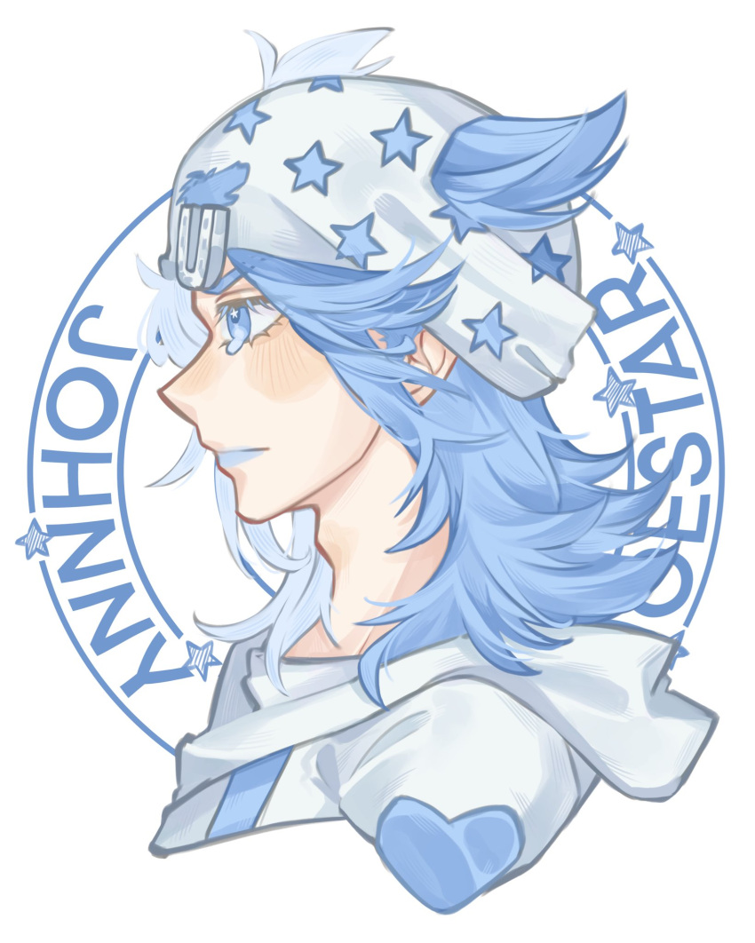 1boy, beanie, blue_eyes, blue_hair, blue_lips, blush, bun6758, character_name, commentary_request, cropped_shoulders, from_side, hat, heart_ornament, highres, hood, hood_down, hoodie, horseshoe_hat_ornament, horseshoe_ornament, johnny_joestar, jojo_no_kimyou_na_bouken, looking_ahead, makeup, male_focus, medium_hair, profile, solo, star_(symbol), star_print, steel_ball_run, white_background, white_hat, white_hoodie