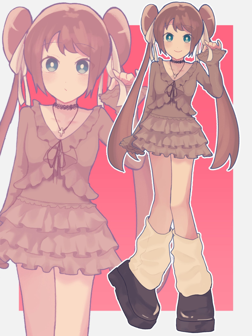 1girl, alternate_costume, black_choker, blue_eyes, blush, breasts, brown_hair, brown_shirt