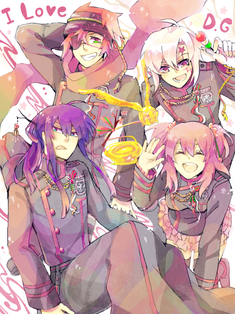 1girl, 3boys, ahoge, allen_walker, anklet, arm_behind_head, badge, belt