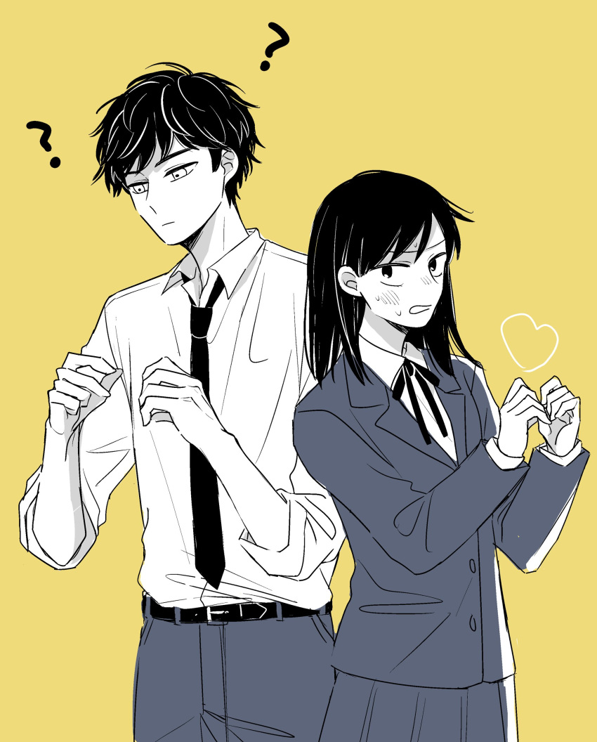 1boy, 1girl, :|, ?, absurdres, belt, blazer, blush, closed_mouth, collared_dress, confused, cowboy_shot, dress, dress_shirt, futsuu_no_keion-bu, greyscale_with_colored_background, hands_up, hatono_chihiro, heart, heart_hands, height_difference, highres, jacket, lapels, medium_hair, mizuo_haruichi, neck_ribbon, necktie, notched_lapels, pants, pleated_skirt, ribbon, robomi, school_uniform, shirt, shirt_tucked_in, short_hair, simple_background, skirt, small_sweatdrop, wing_collar, yellow_background
