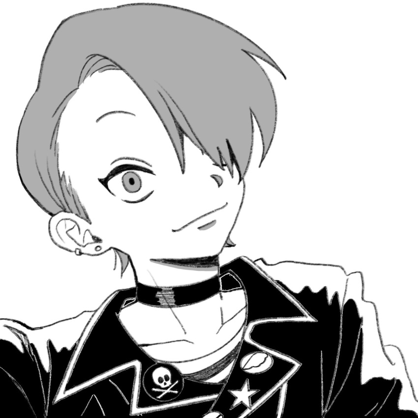 1boy, agemura_sosuke, choker, closed_mouth, collarbone, commentary_request, earrings, futsuu_no_keion-bu, greyscale, hair_over_one_eye, highres, jacket, jewelry, lapel_pin, lapels, leather, leather_jacket, male_focus, monochrome, notched_lapels, portrait, riku_(r_ik1020n), short_hair, skull_ornament, smile, solo, star_ornament