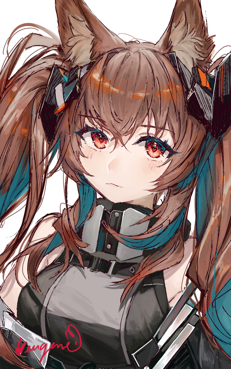 1girl, :<, angelina_(arknights), animal_ear_fluff, animal_ears, arknights, arknights:_endfield, bare_shoulders