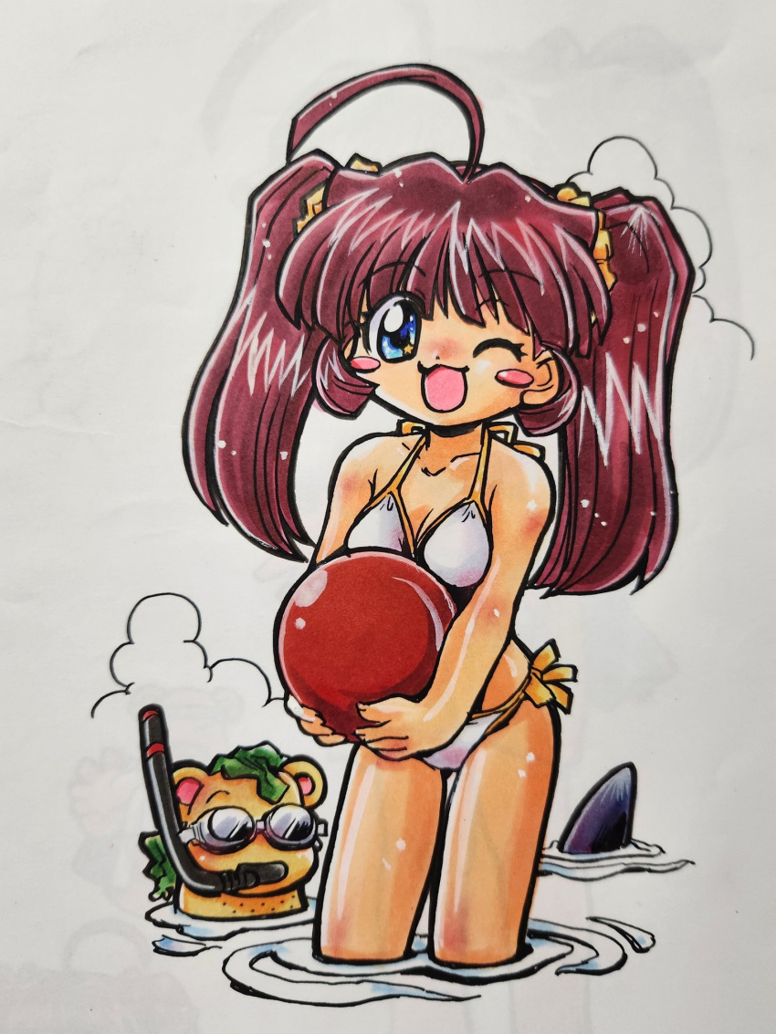 1boy, 1girl, ahoge, ball, beachball, bear_boy, bikini, blush_stickers, clouds, comic_candy_time, commentary_request, furry, furry_male, goggles, hair_ornament, hair_scrunchie, highres, holding, holding_ball, holding_beachball, kinako_(comic_candy_time), kokomahi, long_hair, looking_at_viewer, one_eye_closed, open_mouth, partially_submerged, pink_hair, ripples, scrunchie, seaweed, shark, side-tie_bikini_bottom, smile, snorkel, standing, star_(symbol), star_in_eye, summer, swim_goggles, swimsuit, symbol_in_eye, traditional_media, twintails, wading, white_background, white_bikini, yellow_scrunchie