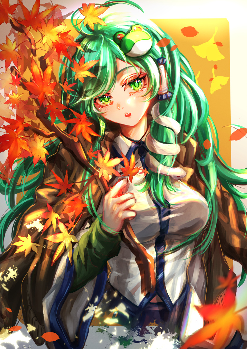 1girl, a16850155, absurdres, ahoge, autumn, autumn_leaves, bare_shoulders, blue_skirt