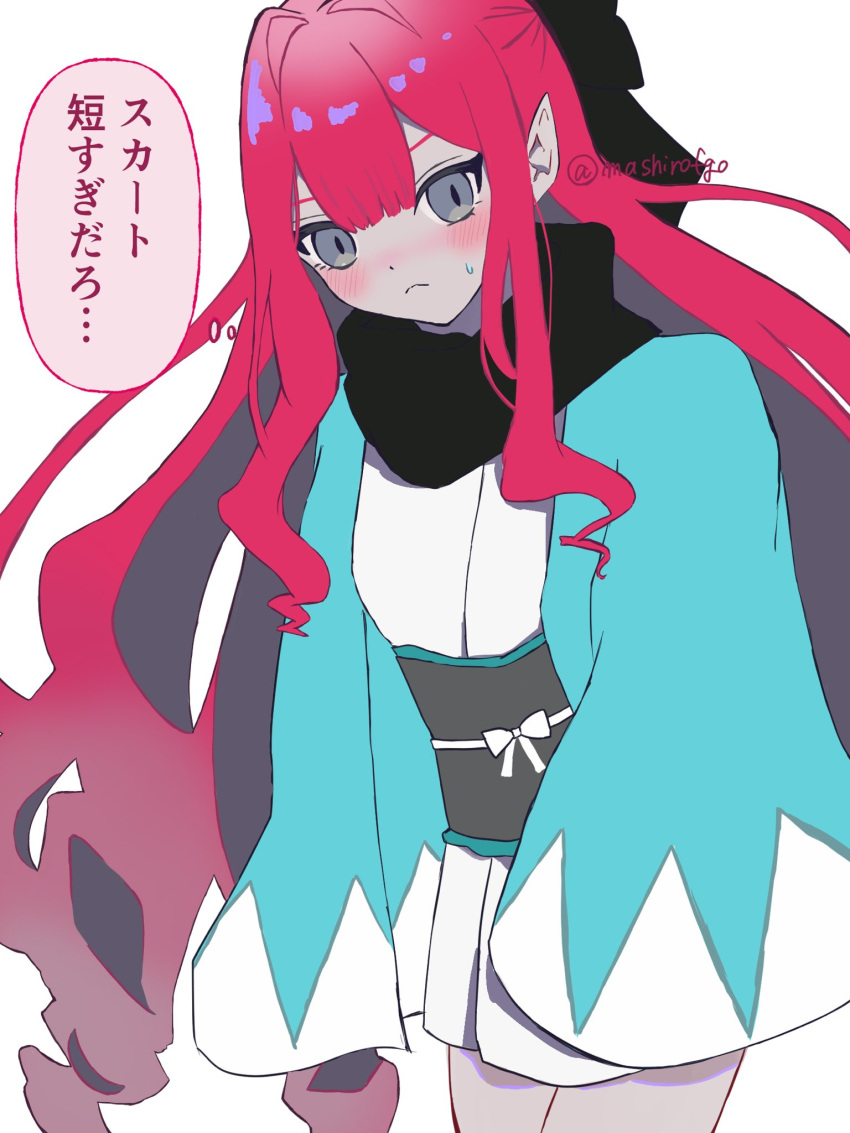 1girl, baobhan_sith_(fate), black_bow, black_scarf, blue_haori, blush, bow, fate/grand_order, fate_(series), grey_eyes, hair_bow, haori, highres, japanese_clothes, long_hair, looking_at_viewer, mashirofgo, red_hair, scarf, shinsengumi_(fate), solo, speech_bubble, thought_bubble, twitter_username