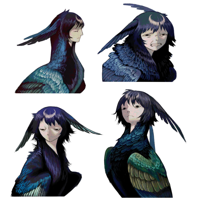 1girl, aqua_feathers, bird_wings, black_eyes, blue_feathers, blue_hair, clenched_teeth, closed_eyes