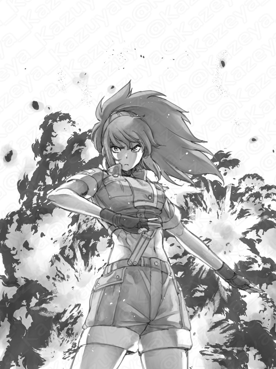 1girl, closed_mouth, collared_shirt, commentary_request, explosion, fingerless_gloves, gloves, greyscale