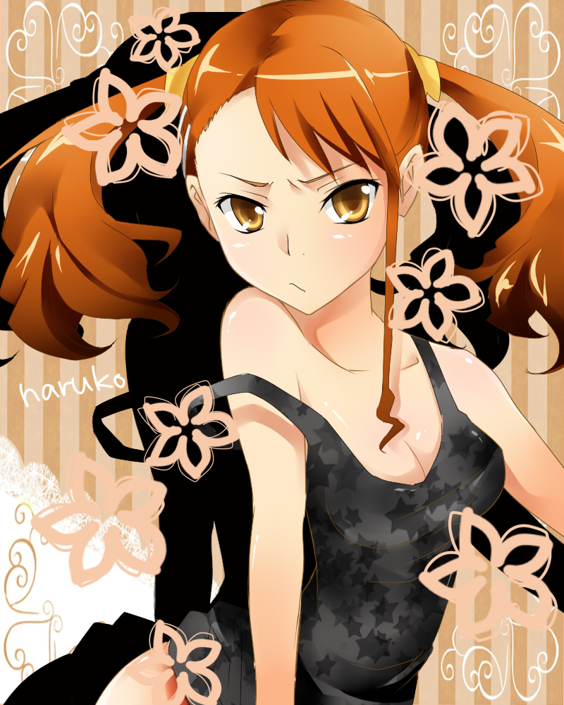 ano_hi_mita_hana_no_namae_wo_bokutachi_wa_mada_shiranai, ayumaru_(art_of_life), bad_id, breasts, cleavage, orange_eyes, orange_hair, short_twintails