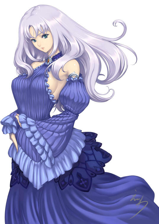 annelotte, bare_shoulders, blue_dress, breasts, detached_sleeves, dress, eiwa, long_hair