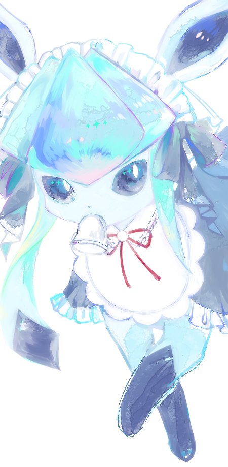 animal_focus, animal_hands, apron, black_bow, black_dress, blue_eyes, blue_fur, bow, bright_pupils, capelet_bow, clothed_pokemon, dress, glaceon, glaceon_(tea_party), hair_bow, looking_at_viewer, maid_headdress, meariako, no_humans, pokemon, pokemon_(creature), pokemon_focus, pokemon_unite, red_ribbon, ribbon, simple_background, solo, standing, two-tone_fur, white_apron, white_background, white_pupils