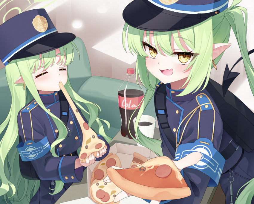 2girls, :d, ajeu914, artist_name, black_hat, black_jacket, black_skirt, blue_archive