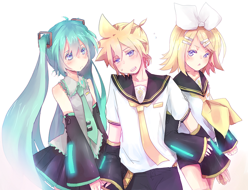 blonde_hair, blue_eyes, detached_sleeves, hair_ornament, hair_ribbon, hairclip, hatsune_miku, kagamine_len
