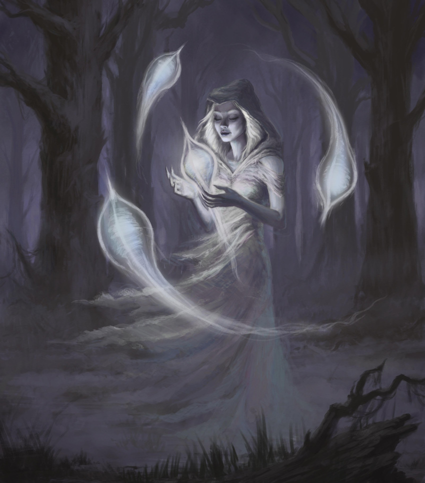 1girl, absurdres, bare_tree, closed_eyes, fog, ghost, highres, official_art