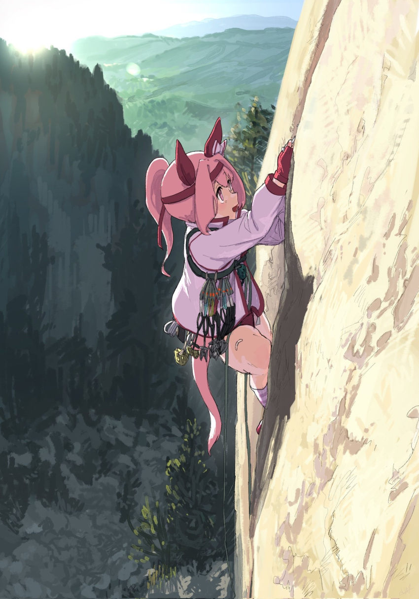1girl, 4me_4ma, animal_ears, bandaid, bandaid_on_leg, bow, buruma, carabiner, cliff, climbing, day, duplicate, ear_bow, ear_covers, fingerless_gloves, flower-shaped_pupils, flower_in_eye, gloves, hairband, haru_urara_(bestest_prize)_(umamusume), haru_urara_(umamusume), hashtag-only_commentary, headband, highres, horse_ears, horse_girl, horse_tail, jacket, long_hair, mountain_climbing, open_mouth, outdoors, pink_buruma, pink_eyes, pink_hair, pink_headband, ponytail, red_buruma, red_gloves, red_headband, rock_climbing, safety_belt, shirt, sky, smile, socks, solo, striped_clothes, striped_socks, symbol-shaped_pupils, symbol_in_eye, tail, tree, umamusume, white_jacket, white_shirt