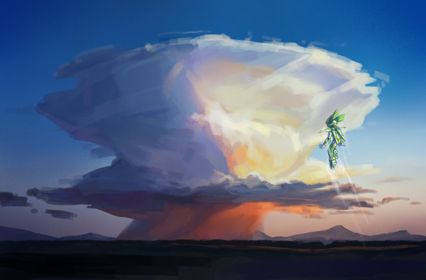 1boy, armor, green_armor, green_helmet, helmet, highres, mega_man_(series), mega_man_zero_(series), midair, mr_cairox, outdoors, sage_harpuia_(mega_man), solo, wide_shot