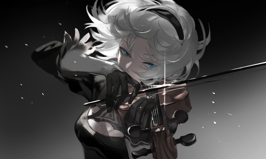 1girl, 2b_(nier:automata), blue_eyes, bow_(music), chanc030, highres, holding, holding_bow_(music)