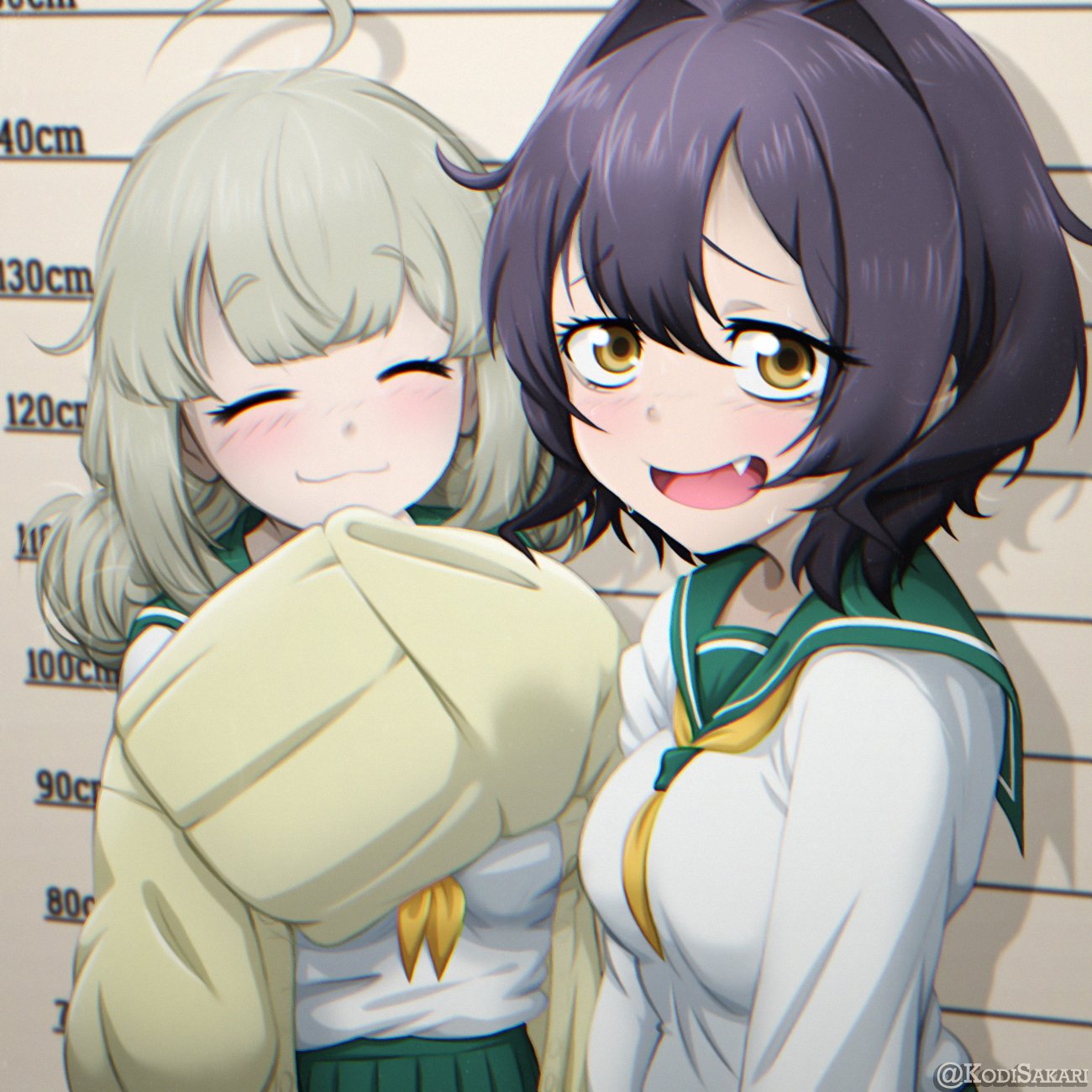 2girls, ahoge, araga_kiwi, black_hair, blonde_hair, cardigan, closed_eyes, double_bun