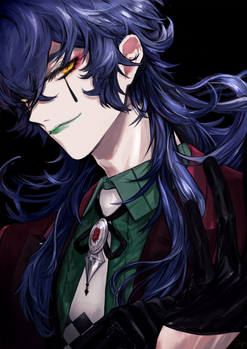 1boy, absurdres, adjusting_clothes, adjusting_gloves, black_background, black_eyeliner, black_gloves, blue_hair, closed_mouth, clown, collared_shirt, commentary_request, crossed_bangs, eyeliner, eyeshadow, gloves, green_lips, green_shirt, highres, jacket, ju_(mahjong_soul), long_hair, looking_at_viewer, mahjong_soul, makeup, male_focus, necktie, red_eyeshadow, red_jacket, shirt, smile, solo, upper_body, vanillaext, white_necktie, yellow_eyes