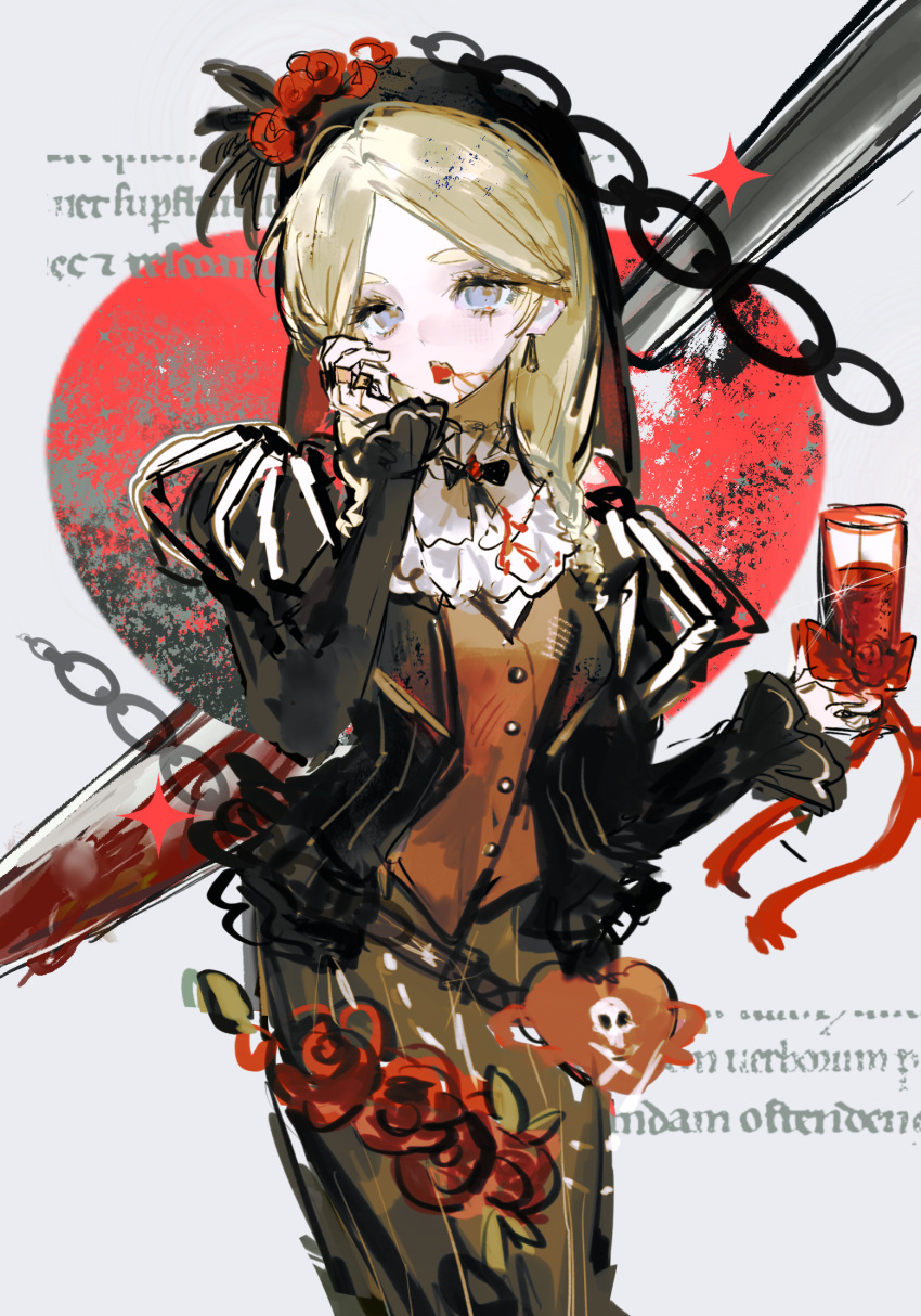 1girl, anne_lester, blonde_hair, blood, blue_eyes, blush, bow, bowtie