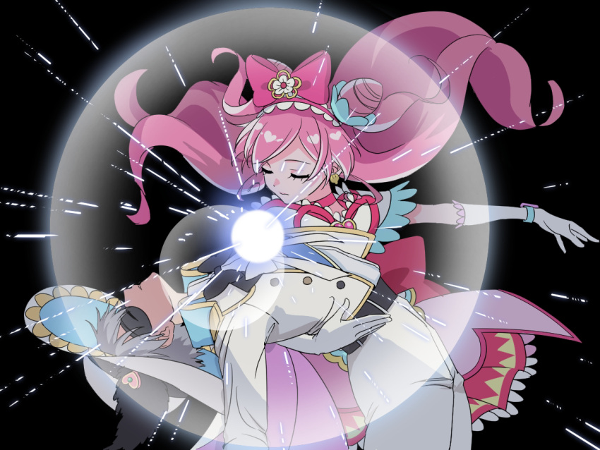 1boy, 1girl, black_background, black_bow, black_pepper_(precure), bow, brooch, choker, collared_shirt, commentary, cone_hair_bun, cure_precious, delicious_party_precure, dress, earrings, energy_ball, eye_mask, frilled_dress, frilled_gloves, frills, gloves, grey_hair, hair_bow, hair_bun, heart, heart_brooch, jacket, jewelry, long_hair, magical_girl, mask, nagomi_yui, pants, pink_bow, pink_choker, pink_hair, precure, sekai_wo_kakumei_suru_chikara_wo, shinada_takumi, shioremon, shirt, short_hair, shoujo_kakumei_utena, two_side_up, white_gloves, white_jacket, white_pants