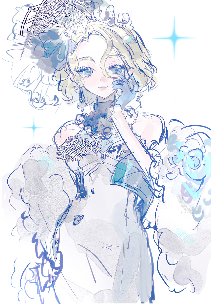 1girl, bare_shoulders, blonde_hair, blue_eyes, blue_gloves, dress, earrings, evelyn_mora