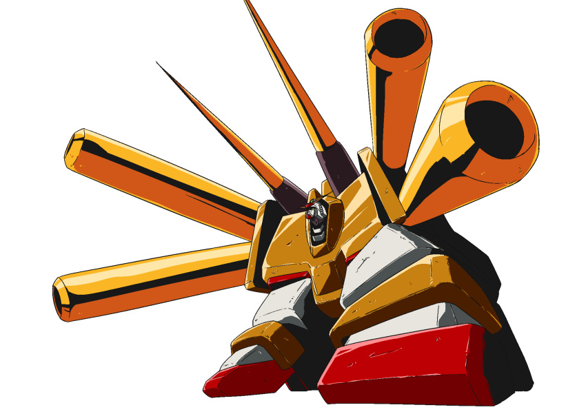 all_fours, armor, cannon, commentary_request, g_gundam, gicchon, grand_gundam, green_eyes, gundam, highres, horns, mecha, mecha_focus, no_humans, no_pupils, partial_commentary, robot, science_fiction, shoulder_cannon, simple_background, solo, white_background