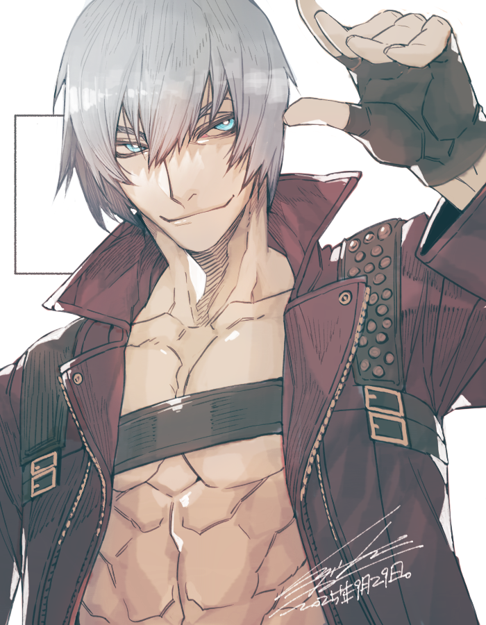 1boy, abs, black_gloves, blue_eyes, chest_strap, closed_mouth, dante_(devil_may_cry), dated, devil_may_cry_(series), devil_may_cry_3, fingerless_gloves, gloves, grey_hair, hair_between_eyes, hiryuu_(kugelcruor), jacket, male_focus, muscular, muscular_male, pectorals, red_jacket, short_hair, signature, smile, smirk, solo, upper_body, white_background