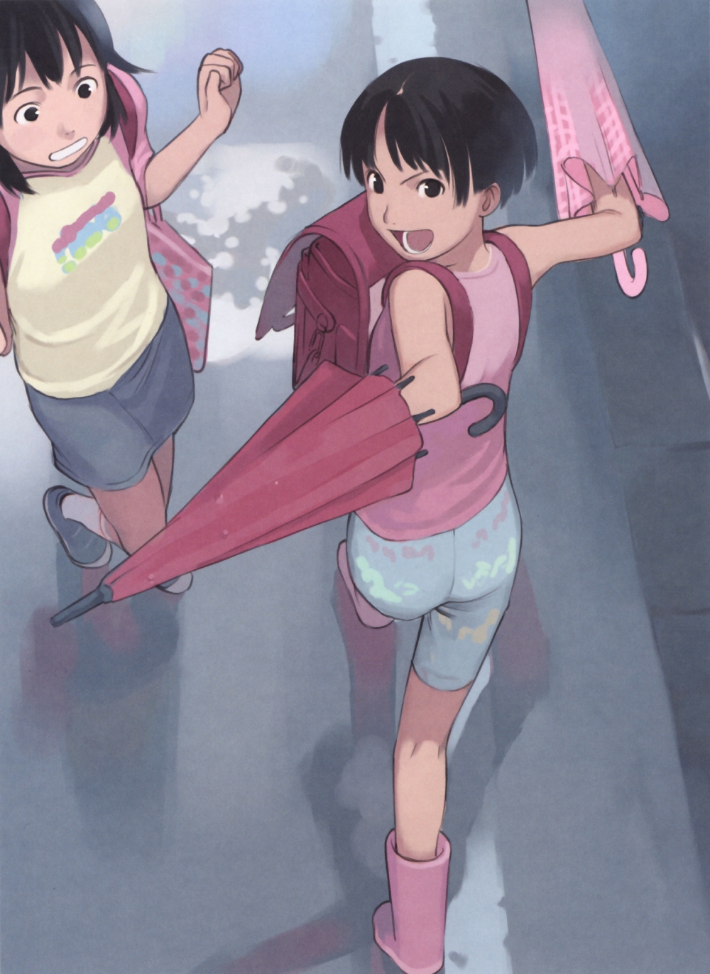 2girls, backpack, bike_shorts, black_hair, blue_bike_shorts, reflection, schoolbag, short_hair