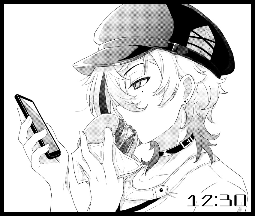 1boy, absurdres, burger, cellphone, choker, commentary_request, eating, food