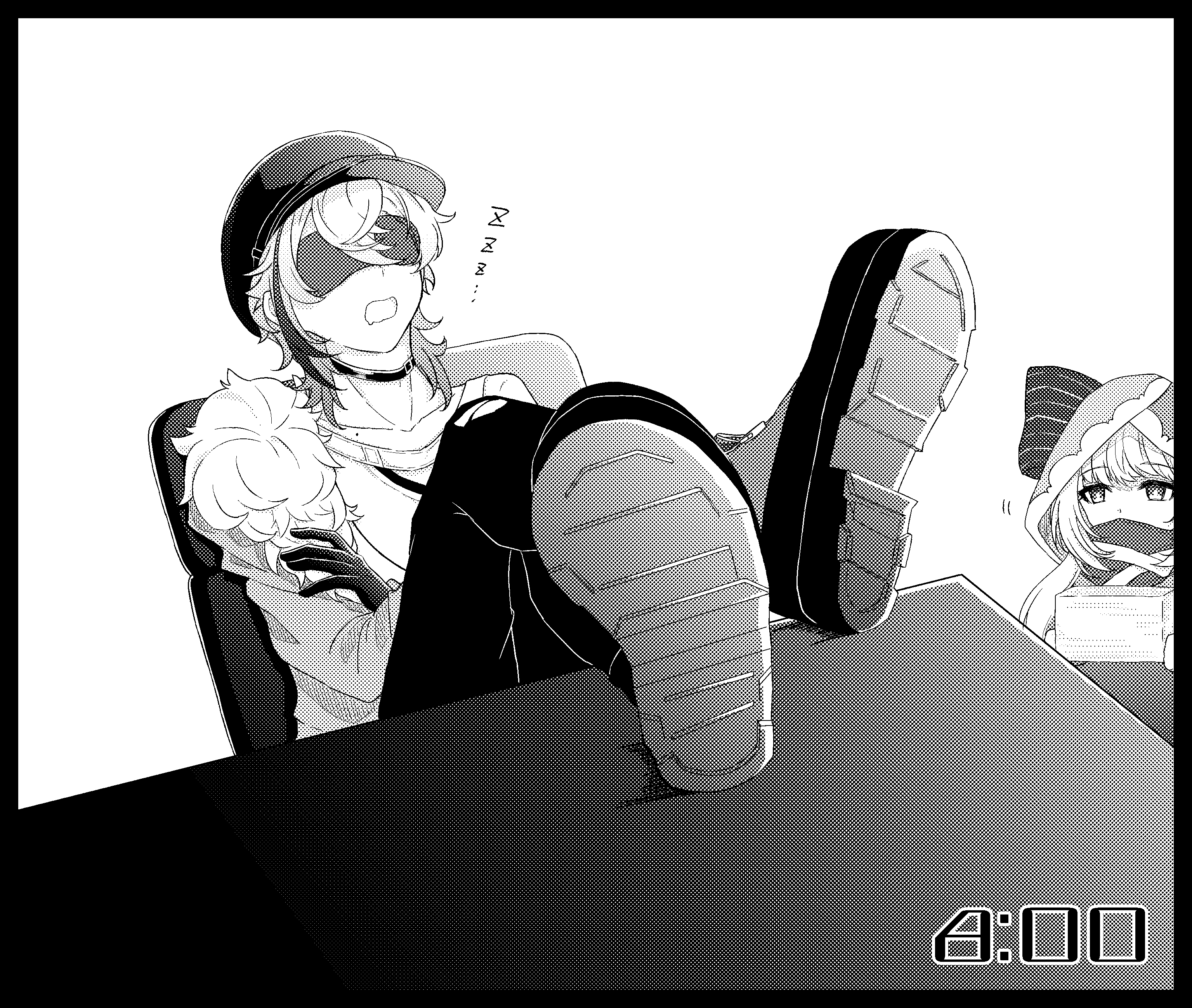 1boy, 1girl, absurdres, eye_mask, feet_on_table, full_body, gloves, greyscale, hat, highres, kiku_(sashiki11), kutsuji, mahjong_soul, male_focus, mask, medium_hair, monochrome, newsboy_cap, open_mouth, pants, shirt, shoes, sitting, sleeping, timestamp, zzz