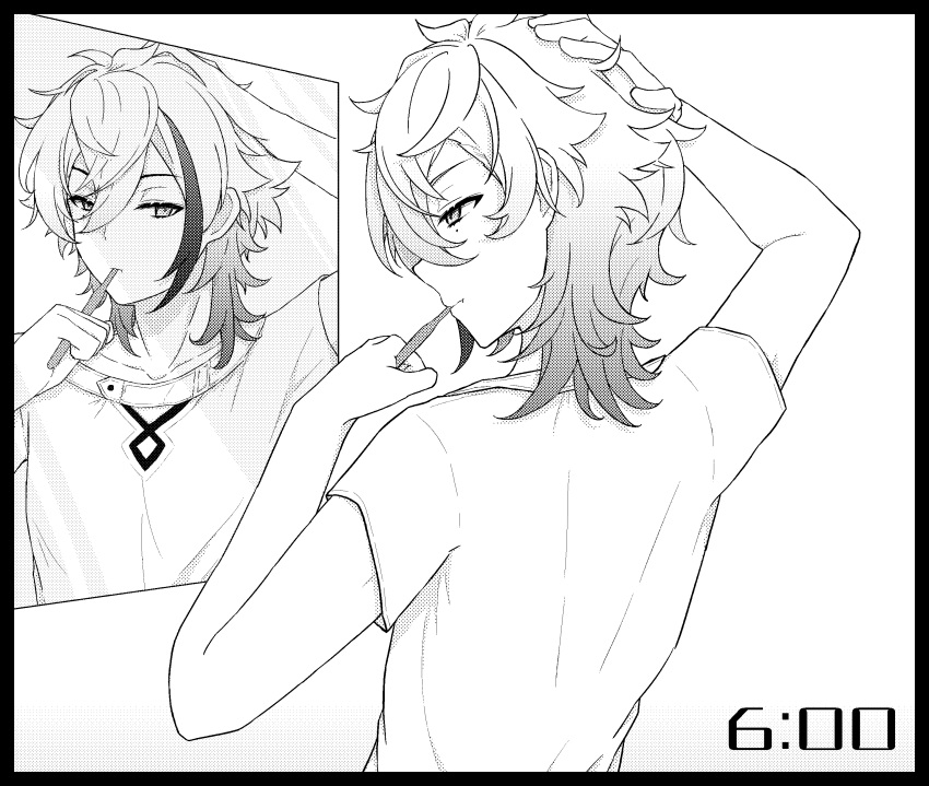 1boy, absurdres, brushing_teeth, commentary_request, greyscale, hand_on_own_head, highres, holding