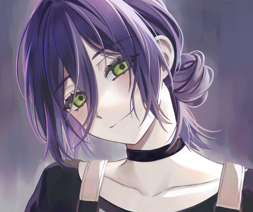 1girl, black_choker, blush, chainsaw_man, choker, collarbone, commentary, green_eyes