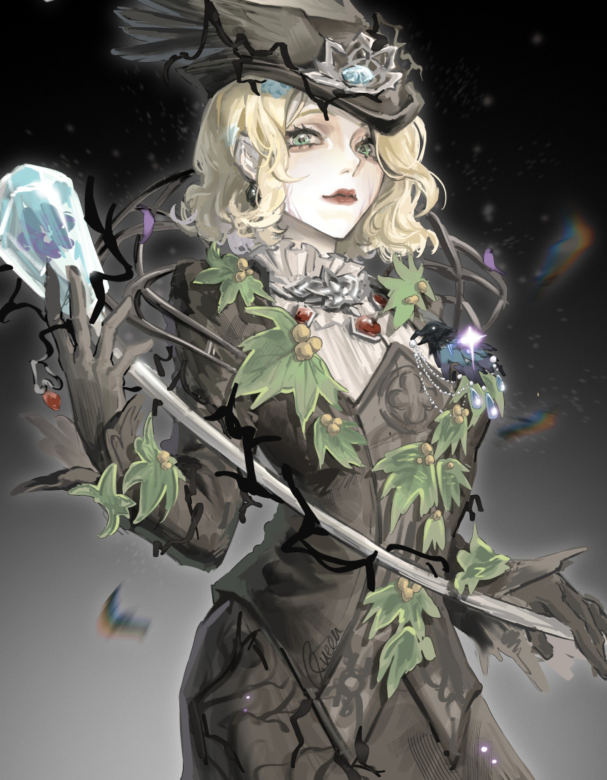 1girl, absurdres, black_dress, black_gloves, blonde_hair, citoue, closed_mouth, dress