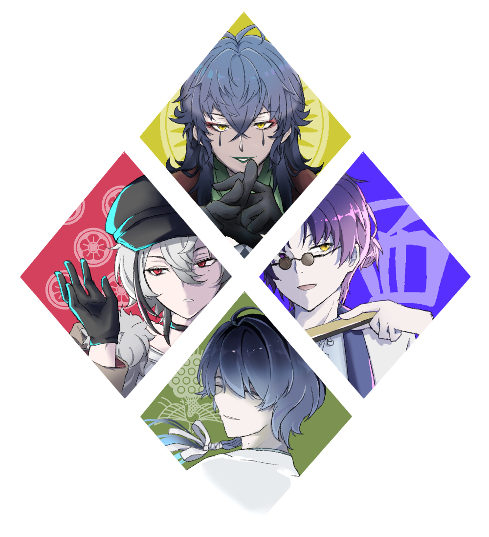 4boys, black_gloves, black_hair, black_hat, blue_hair, closed_eyes, closed_mouth, clown