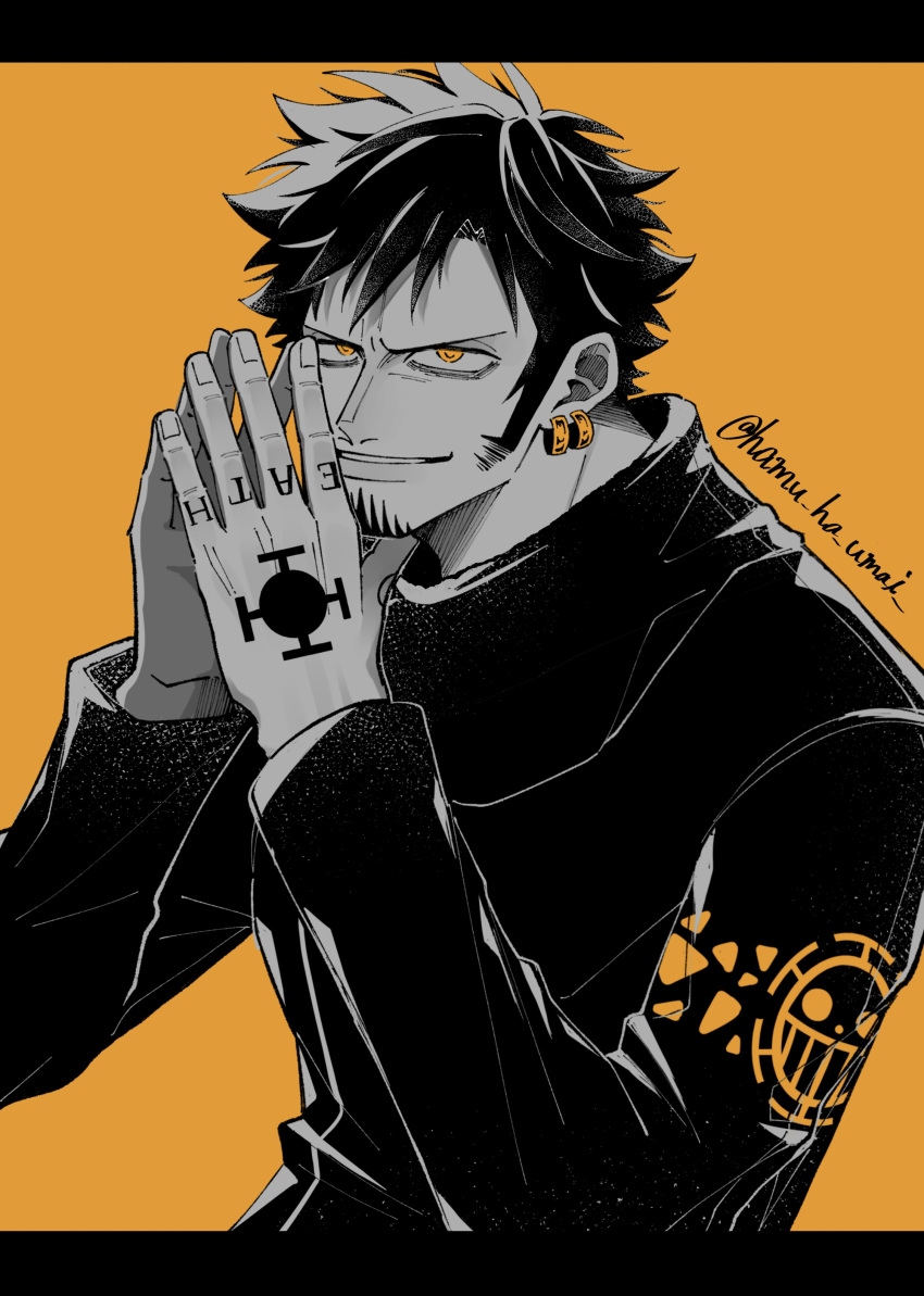 1boy, absurdres, commentary_request, facial_hair, finger_tattoo, goatee, greyscale_with_colored_background, hamu_ha_umai, hand_tattoo, highres, long_sleeves, looking_at_viewer, male_focus, one_piece, own_hands_together, parted_lips, short_hair, sideburns, simple_background, solo, spot_color, tattoo, trafalgar_law, twitter_username