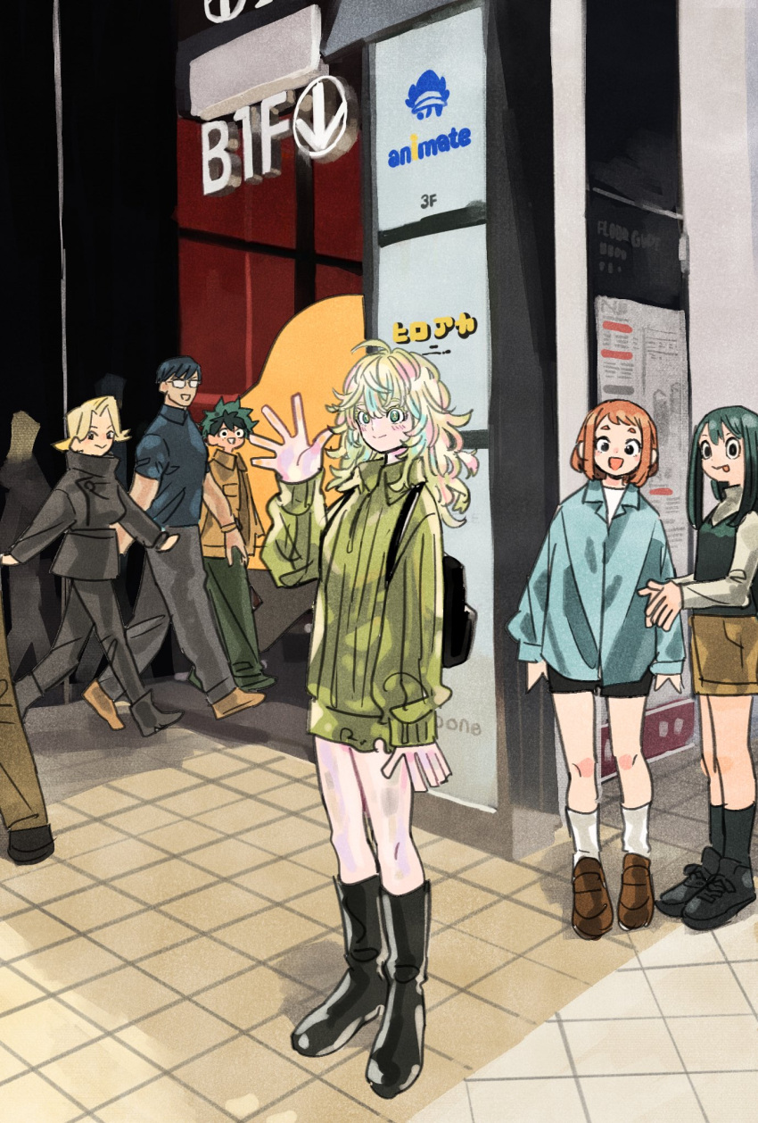 3boys, 3girls, aoyama_yuga, asui_tsuyu, backpack, bag, black_background, black_boots