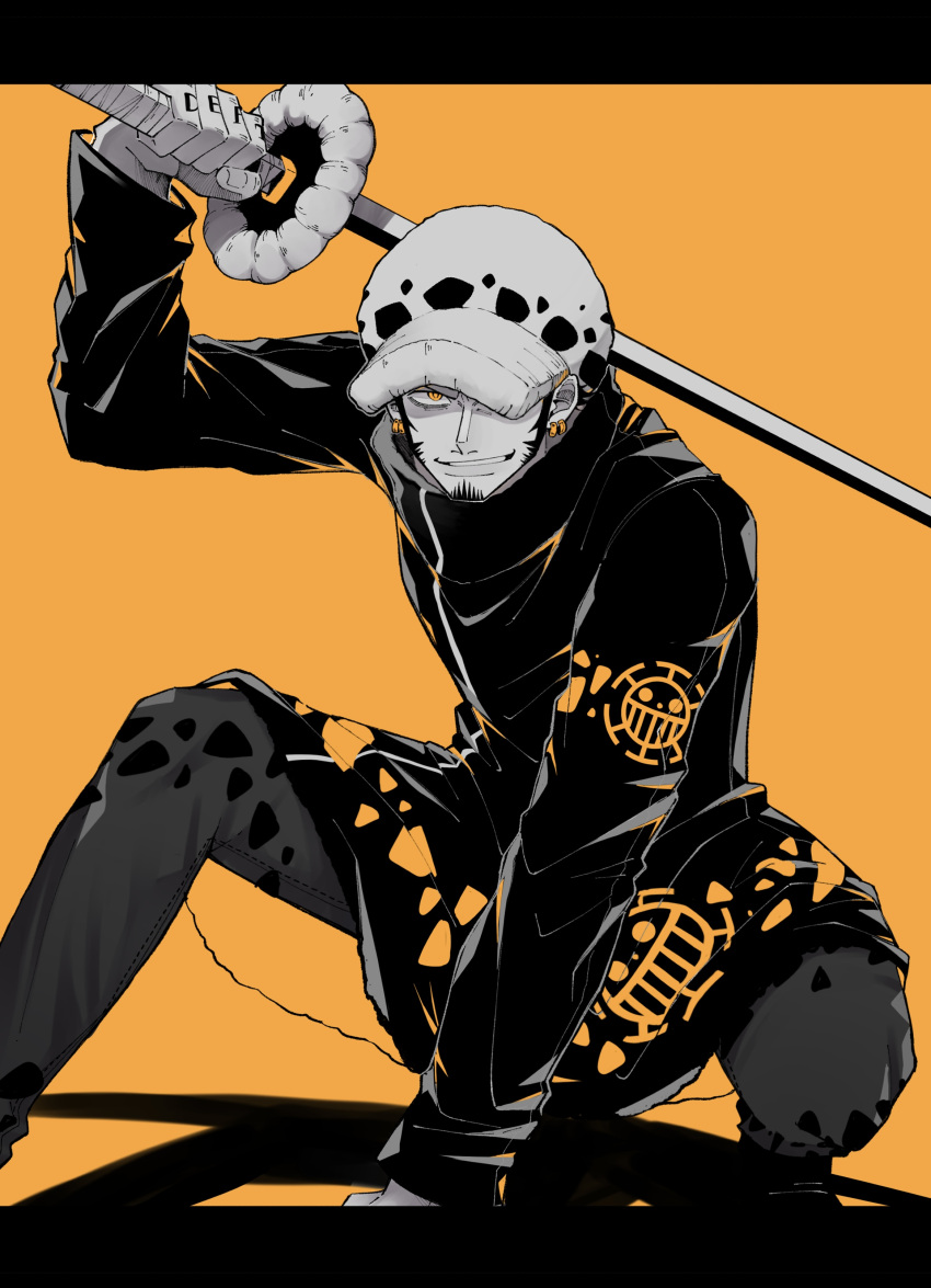 1boy, absurdres, arm_up, coat, commentary_request, denim, earrings, facial_hair, greyscale_with_colored_background, grin, hamu_ha_umai, hand_on_ground, hat, high_contrast, highres, holding, holding_sword, holding_weapon, jewelry, long_sleeves, male_focus, one_eye_covered, one_piece, orange_background, orange_eyes, orange_theme, shade, smile, solo, spot_color, sword, trafalgar_law, weapon, winter_clothes, winter_coat