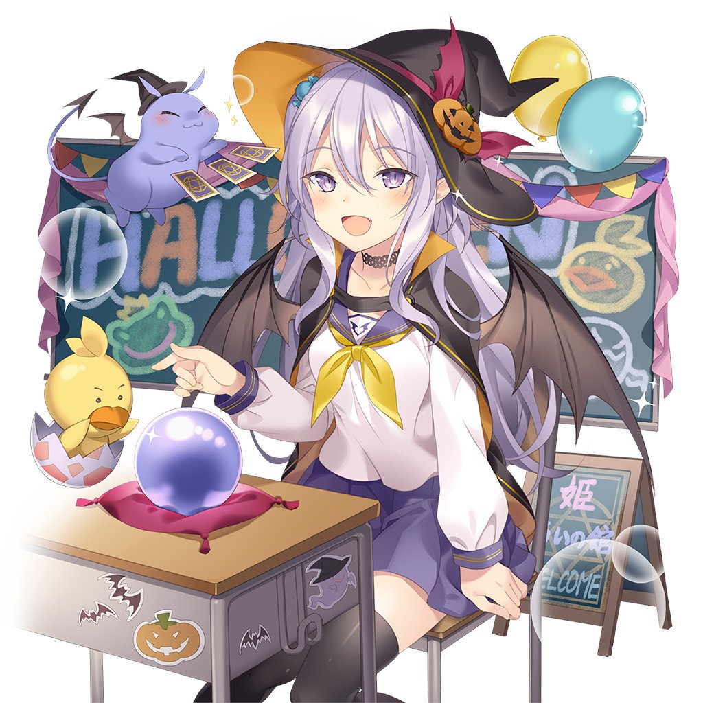 1girl, balloon, bat_wings, black_cloak, chair, chalkboard, cloak, crystal_ball