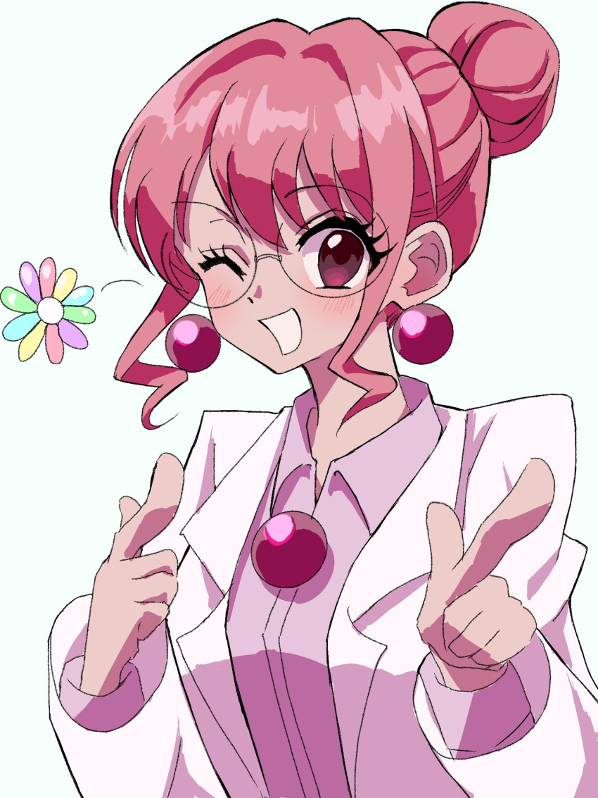1girl, ;d, bang_dream!, coat, earrings, flower, glasses, hair_bun, highres, jewelry, lab_coat, long_sleeves, looking_at_viewer, maruyama_aya, official_alternate_costume, official_alternate_hairstyle, one_eye_closed, open_clothes, open_coat, open_mouth, pink_eyes, pink_hair, pink_shirt, pointing, pointing_at_viewer, round_eyewear, salted_butter_m, shirt, simple_background, smile, solo, sphere_earrings, upper_body, white_background, white_coat