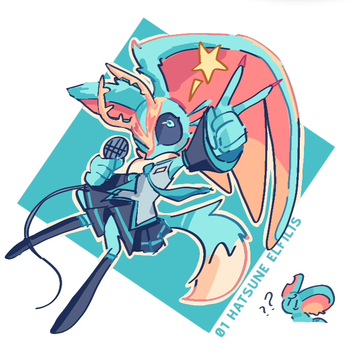 ?, ??, antlers, blue_necktie, color_connection, cosplay, detached_sleeves, elfilin, fecto_elfilis, furry, hatsune_miku, hatsune_miku_(cosplay), holding, holding_microphone, horns, justscarfy, kirby_(series), kirby_and_the_forgotten_land, microphone, necktie, notched_ear, one_eye_closed, star_(symbol), tail, v, vocaloid