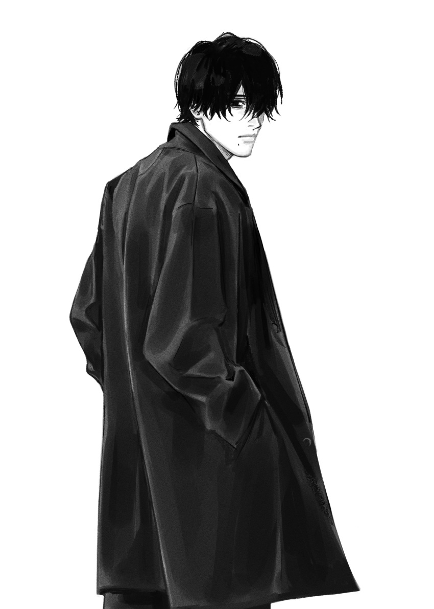 1boy, absurdres, black_coat, chainsaw_man, closed_mouth, coat, commentary, from_behind, greyscale, hands_in_pockets, highres, looking_at_viewer, looking_back, male_focus, mole, mole_under_mouth, monochrome, short_hair, simple_background, solo, symbol-only_commentary, th3kph0enix, white_background, yoshida_hirofumi