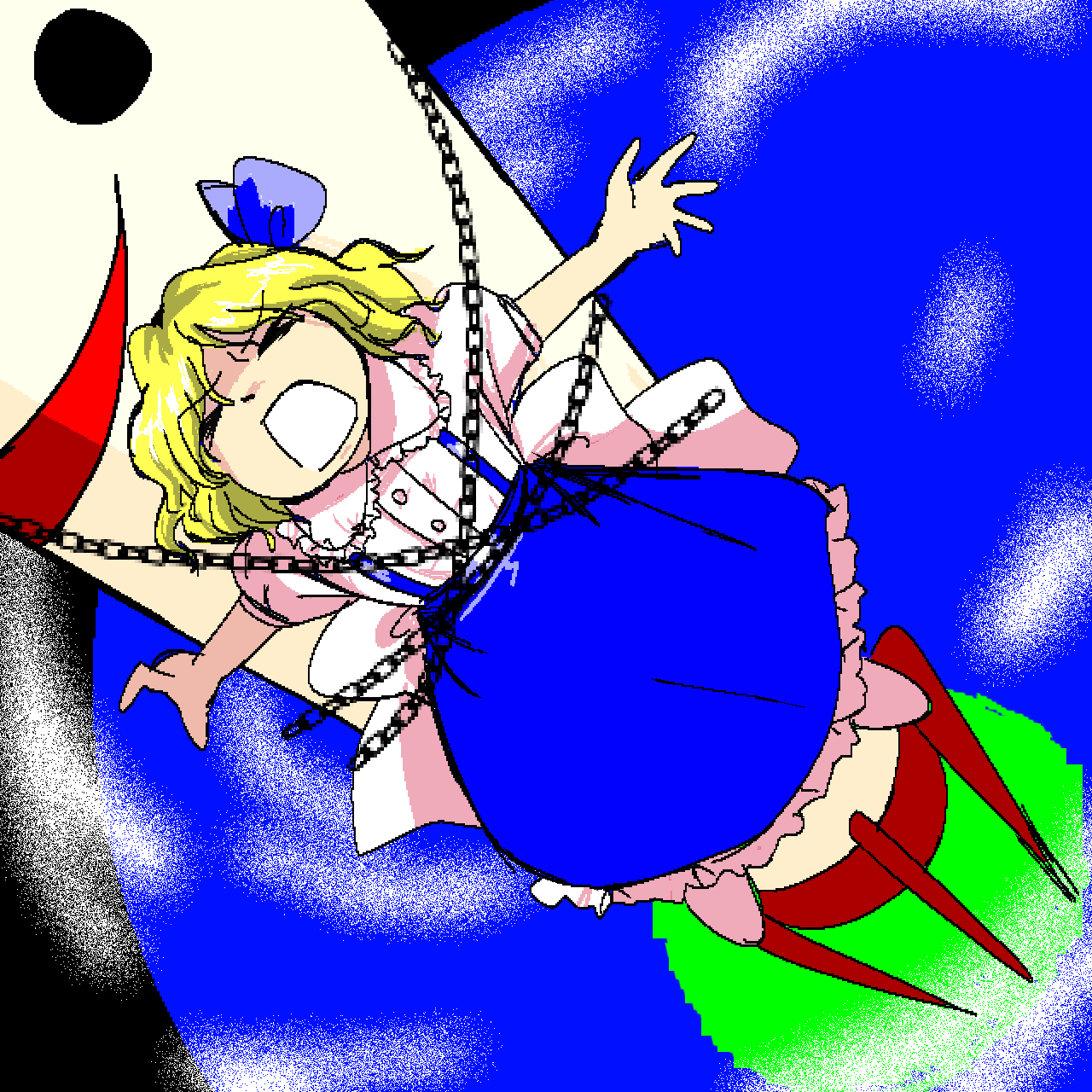 1girl, alice_margatroid, alice_margatroid_(pc-98), back_bow, blonde_hair, blue_dress, blue_hairband, bobby_socks