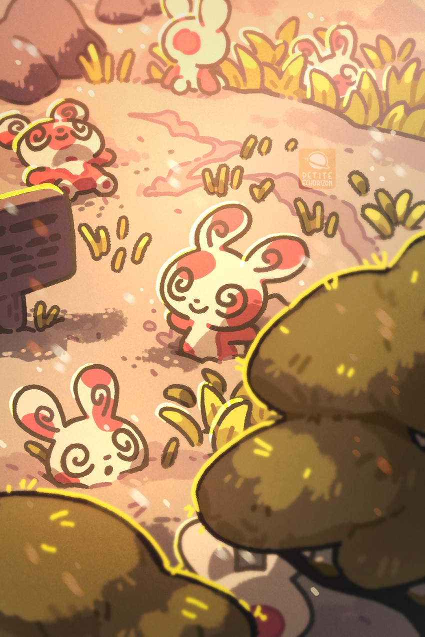 @_@, grass, highres, no_humans, open_mouth, petite_echorizon, playing, pokemon
