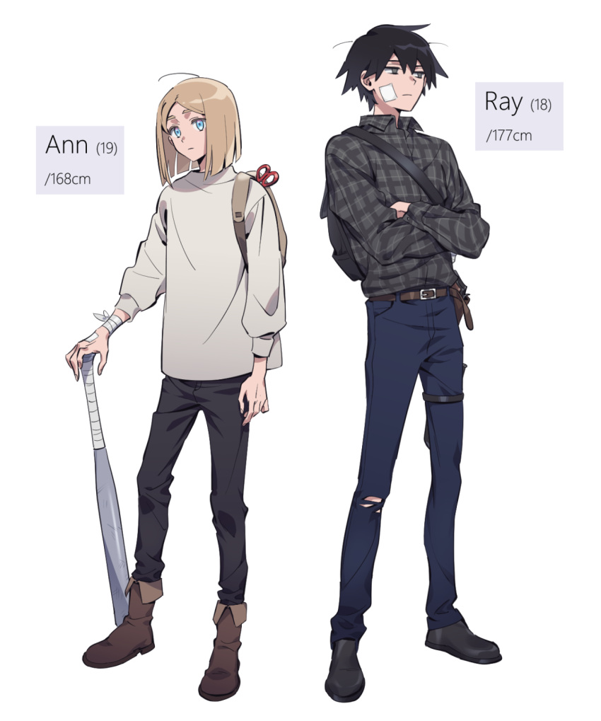 2boys, ahoge, ainsley_(adey), bag, bandage_on_face, bandages, baseball_bat, black_eyes, black_pants, black_shoes, blonde_hair, blue_eyes, blue_pants, bob_cut, boots, brown_boots, character_name, checkered_clothes, checkered_shirt, commentary_request, full_body, heterochromia, highres, male_focus, multiple_boys, original, pants, ray_(adey), revision, scissors, shirt, shoes, short_hair, shoulder_bag, standing, ten_(lu2948d), torn_clothes, torn_pants, trap, white_background, white_shirt, wispy_bangs