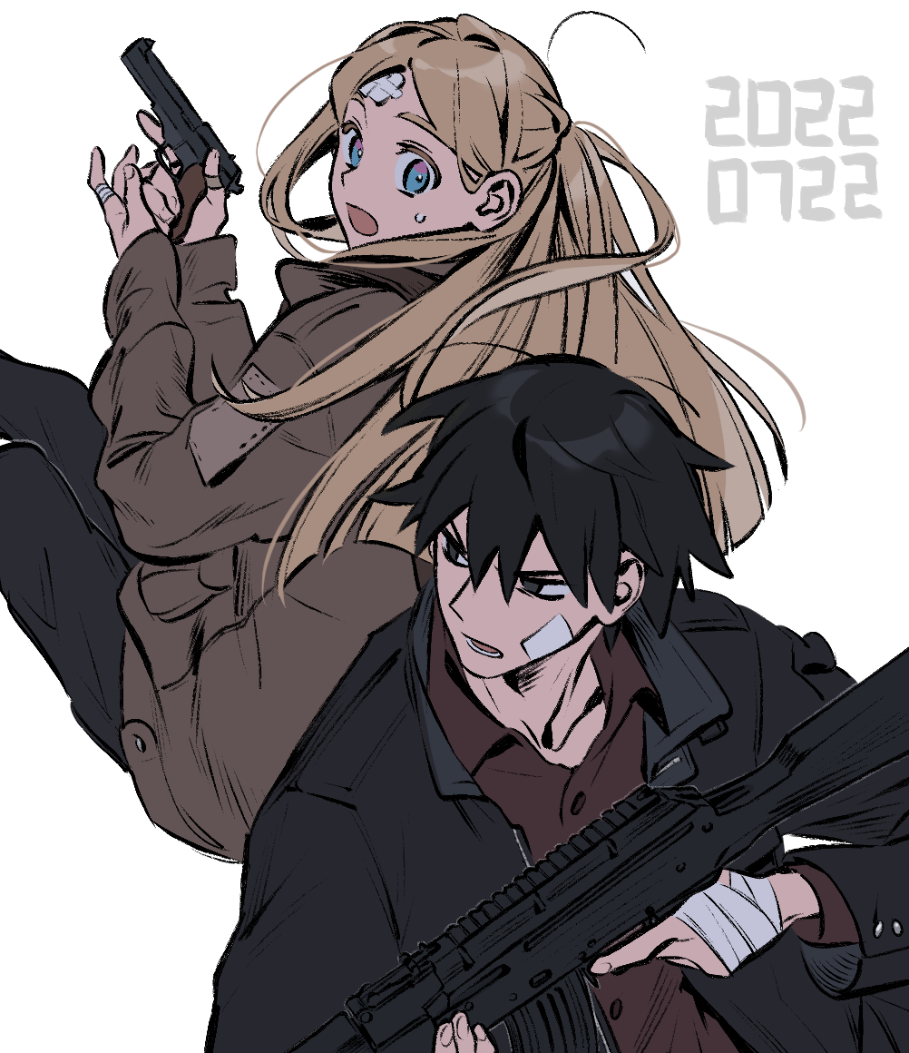 2boys, ainsley_(adey), assault_rifle, bandage_on_face, bandages, bandaid, bandaid_on_hand, black_eyes