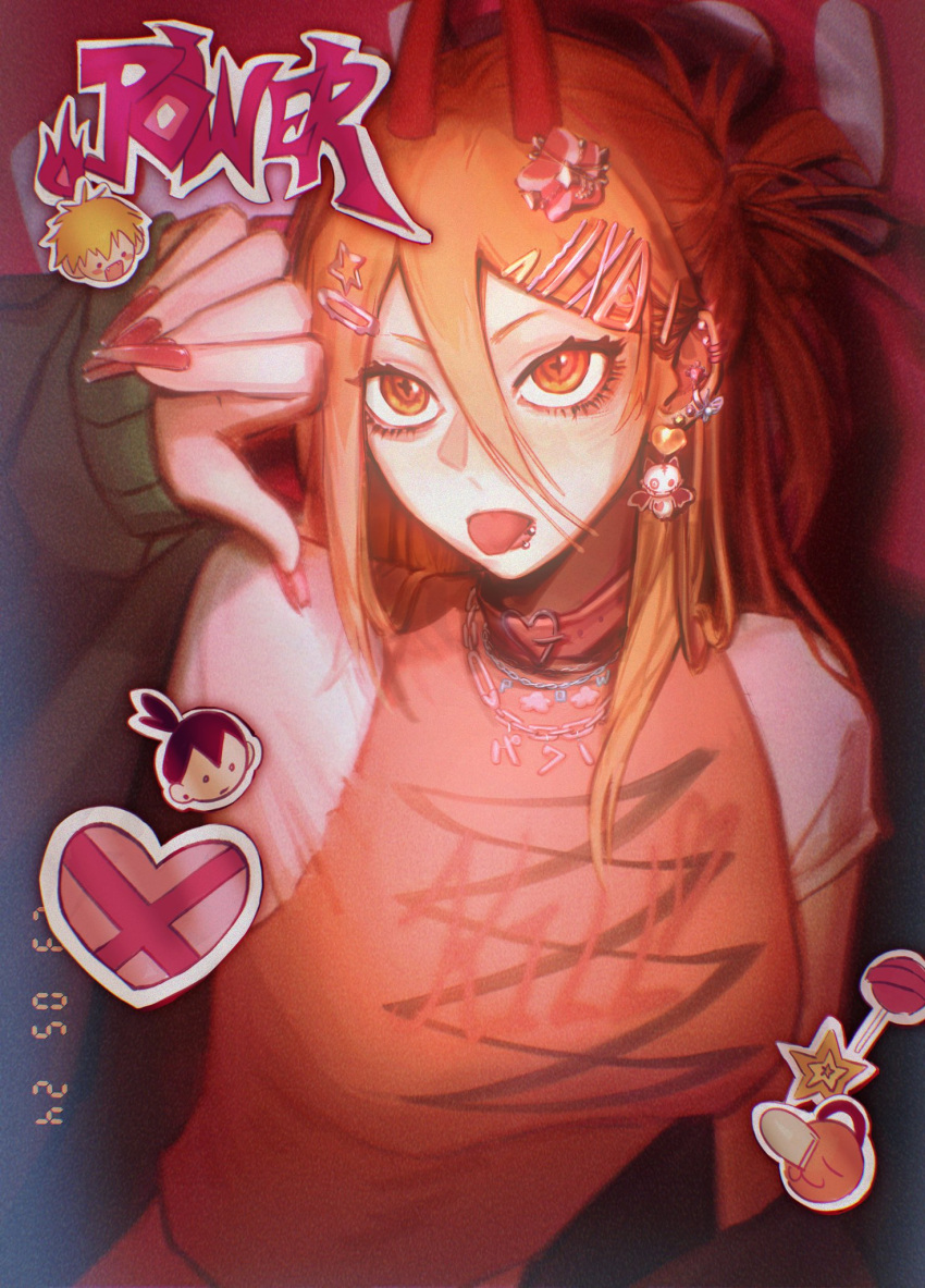 1girl, arm_up, belt_collar, chainsaw_man, character_name, choker, collar, commentary