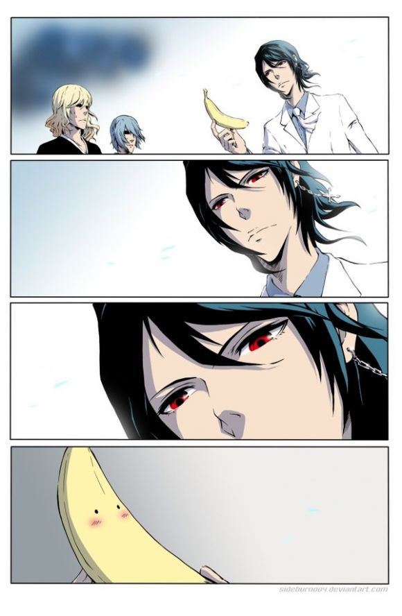 banana, black_hair, blonde_hair, blue_hair, blush, cadis_etrama_di_raize, cadis_etrama_di_raizel, comic, cross, earrings, food, formal, frankenstein, fruit, jewelry, noblesse, rai, red_eyes, resized, short_hair, sideburn004, silent_comic, source_request, suit, white_suit